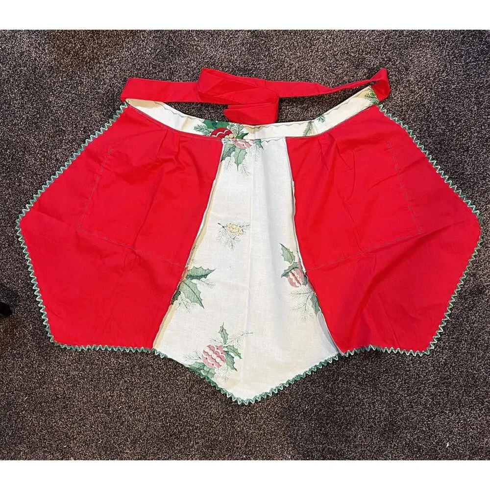 Vintage Christmas Half-Apron MCM Holiday Hostess Bright Cheerful Santa Holly